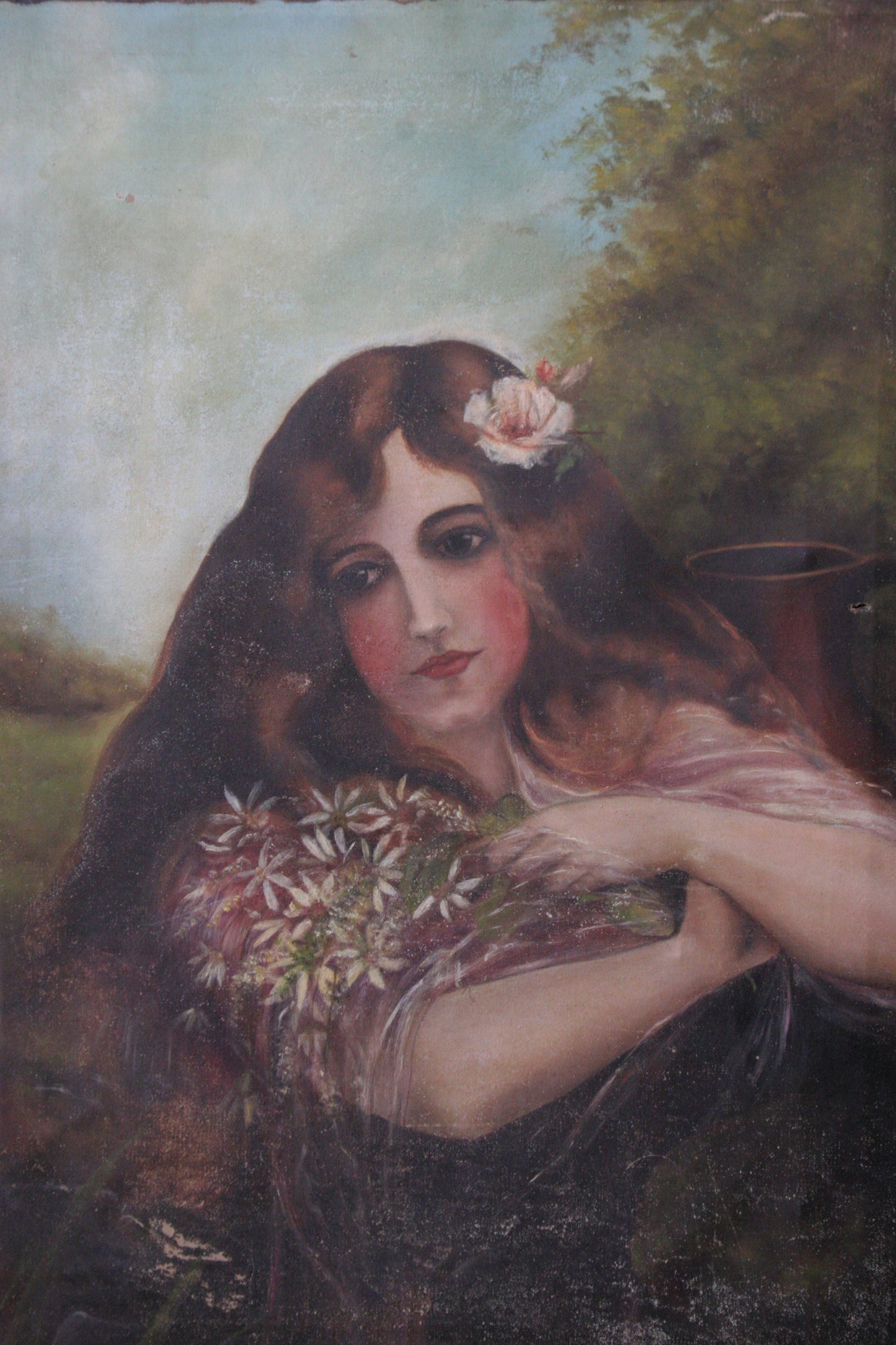 Antique portrait painting of woman on canvas