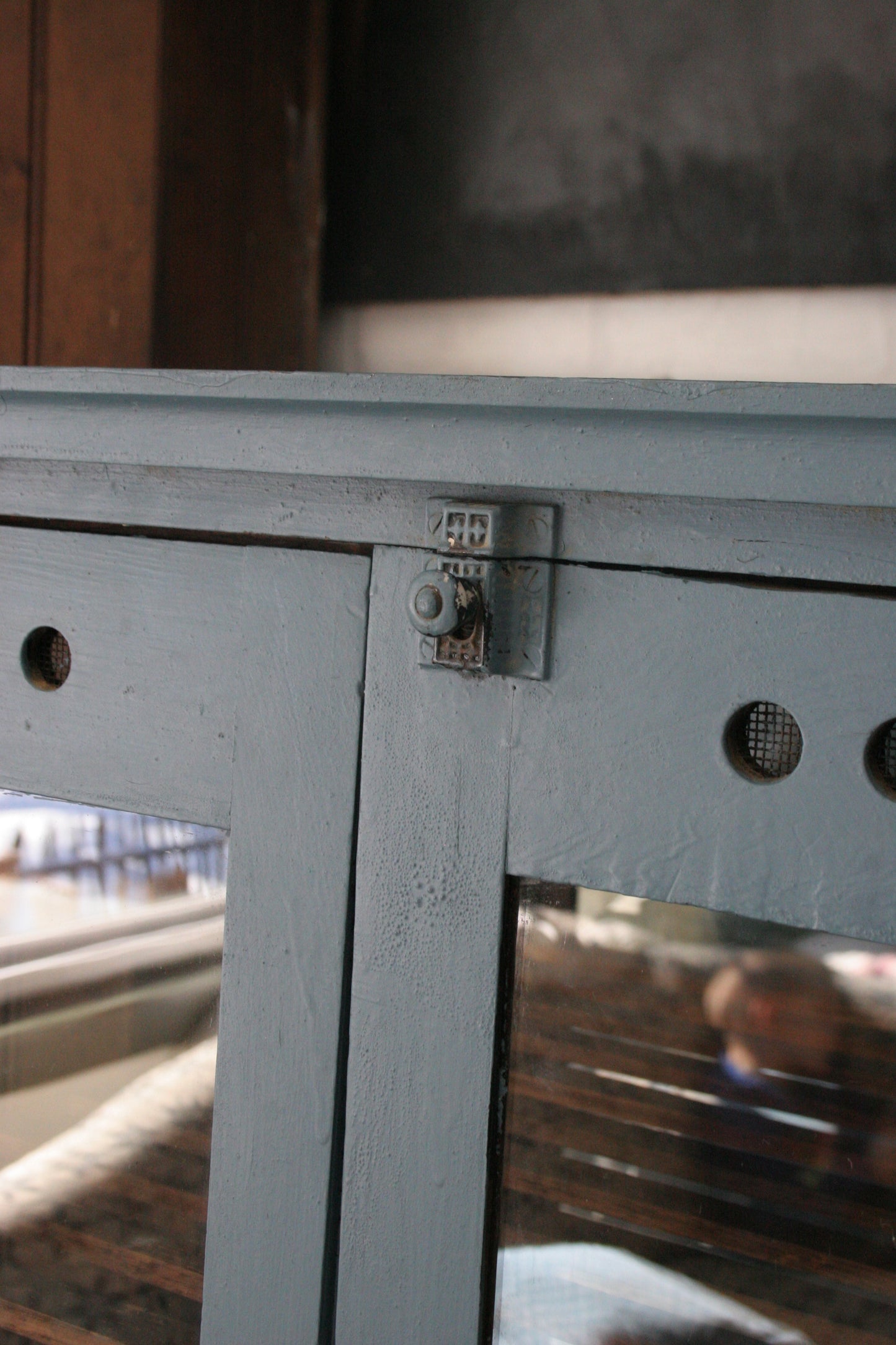 Antique blue paint pie cabinet for general store display | primitive