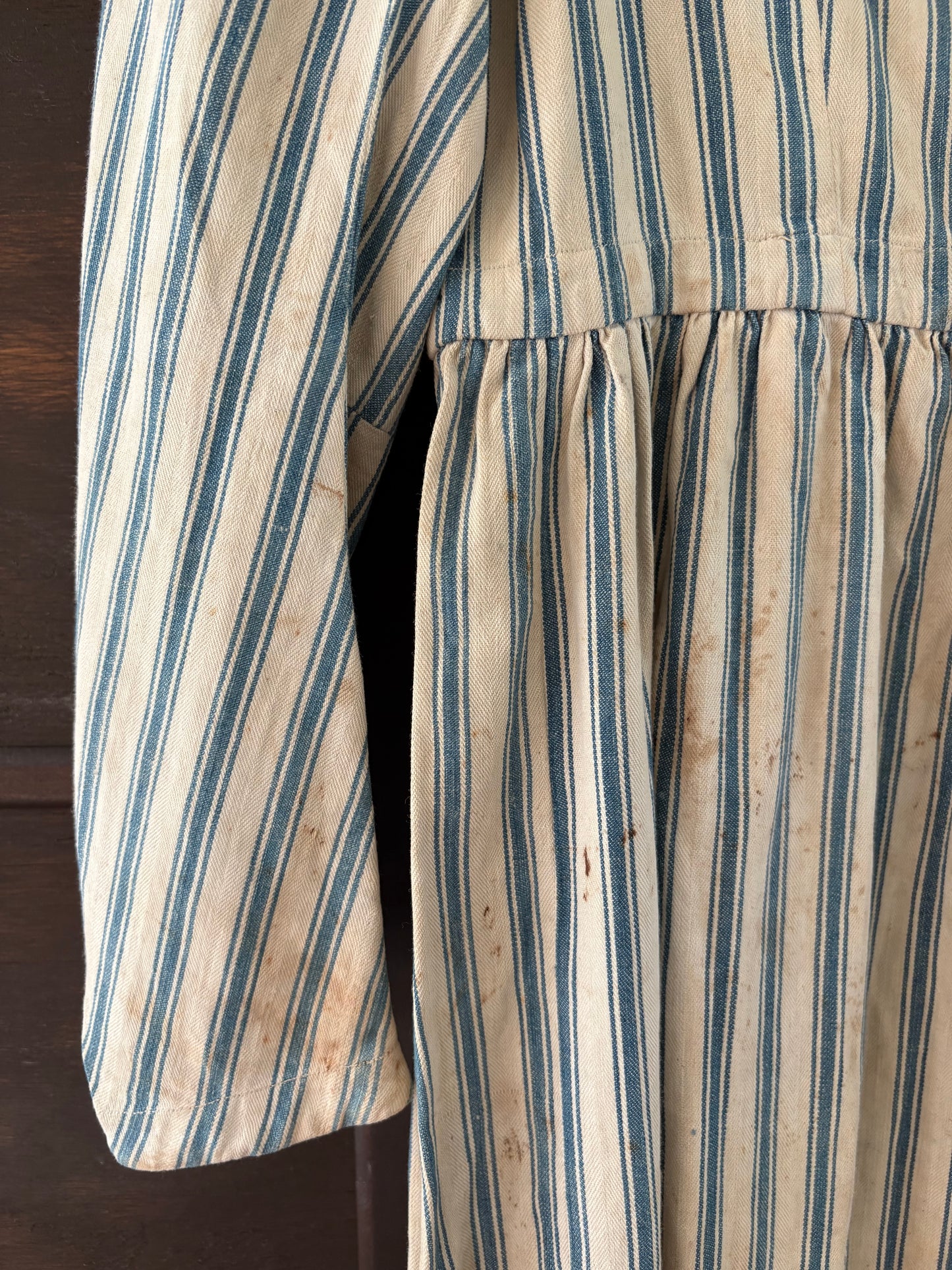 Antique primitive dress apron | blue stripe ticking