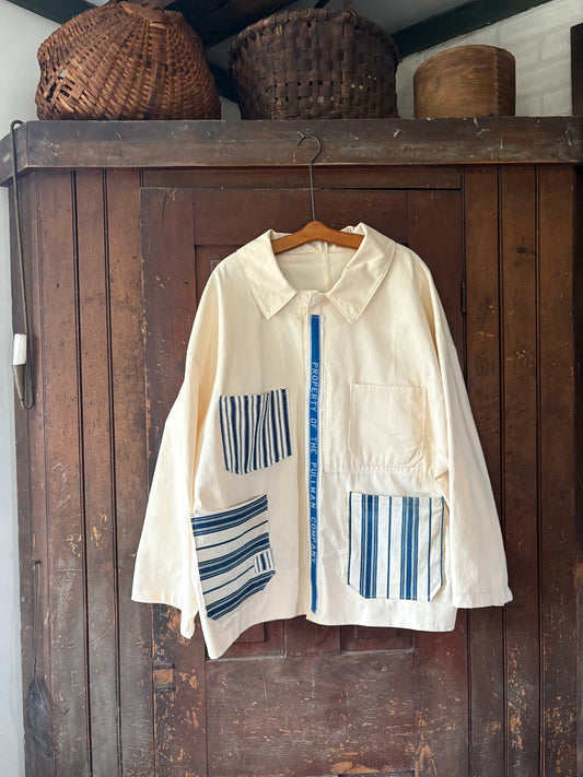 Vintage French chore coat reworked with French ticking stripe fabric