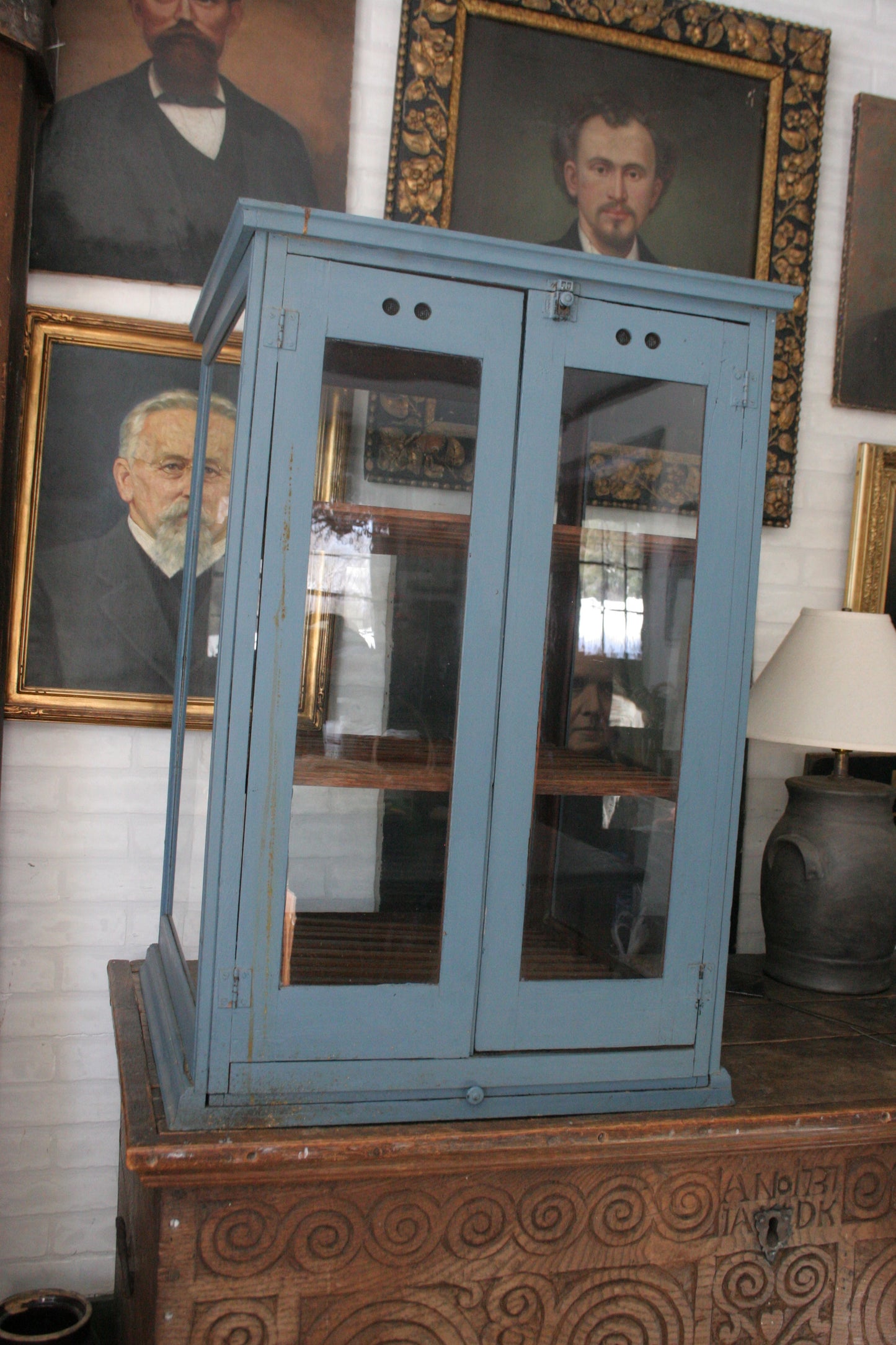 Antique blue paint pie cabinet for general store display | primitive