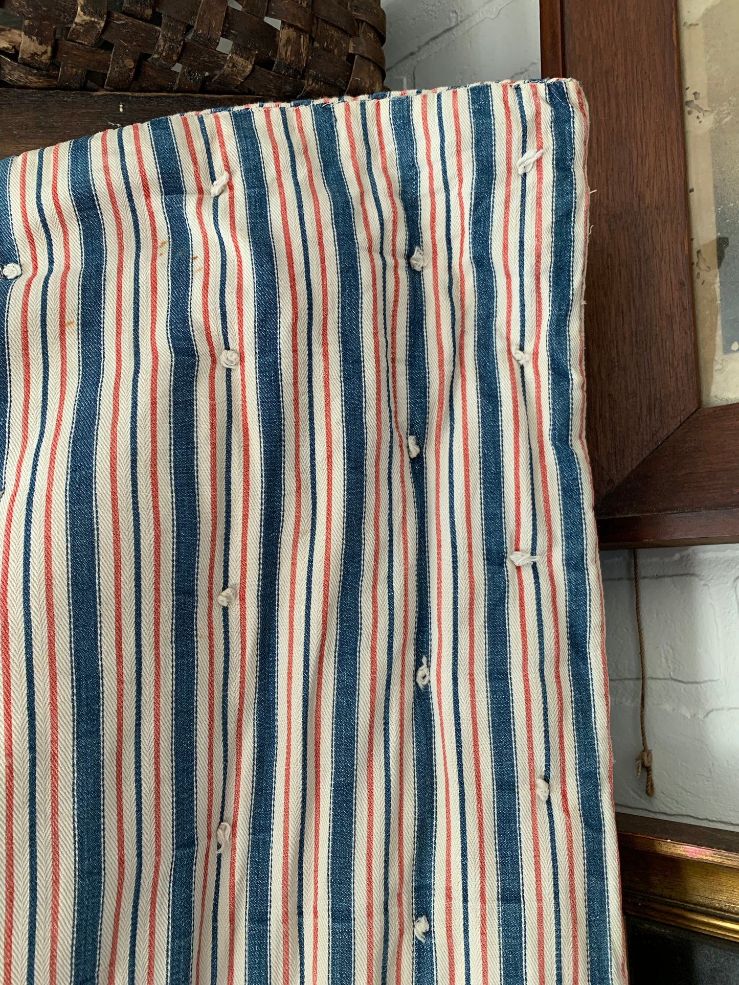 Rare Antique red & blue ticking mattress | wool filled