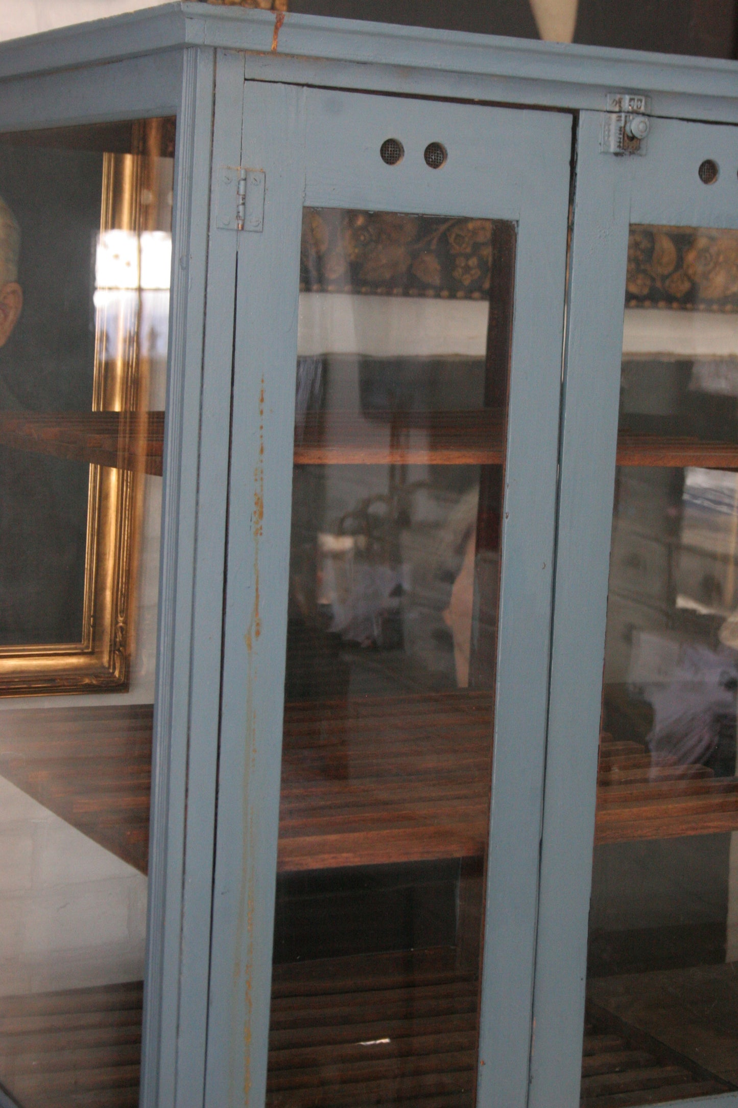 Antique blue paint pie cabinet for general store display | primitive