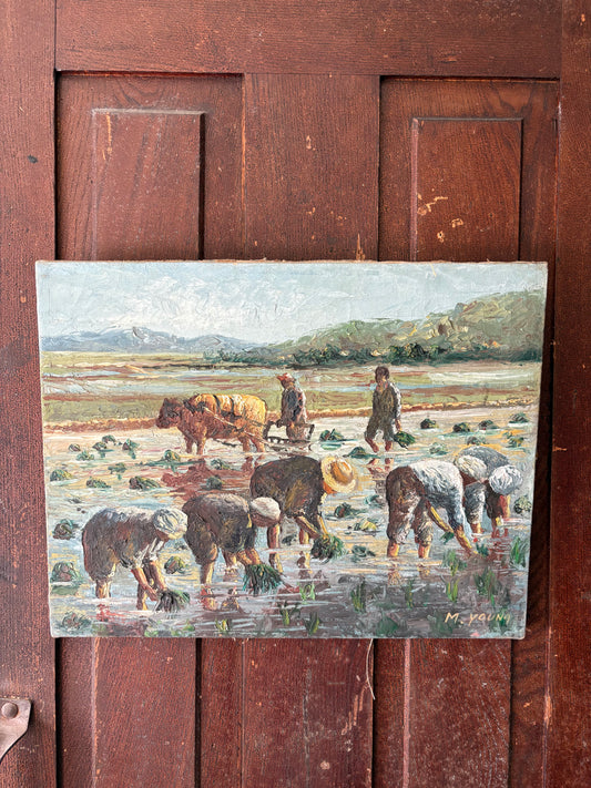 Antique oil painting on canvas | workers in field with cattle