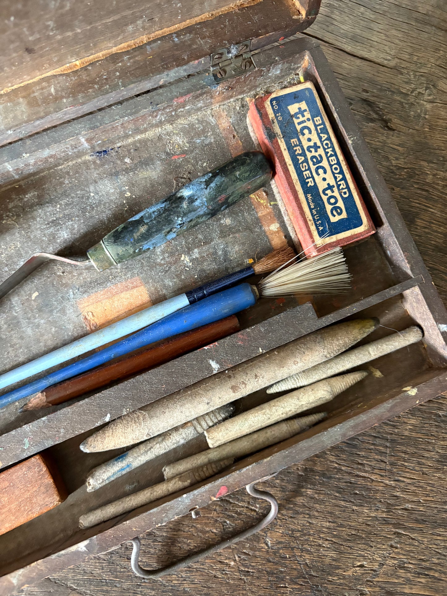 Antique wooden art box with supplies