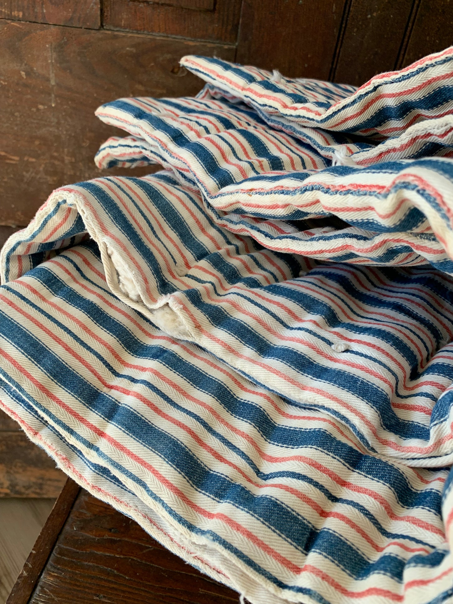 Rare Antique red & blue ticking mattress | wool filled