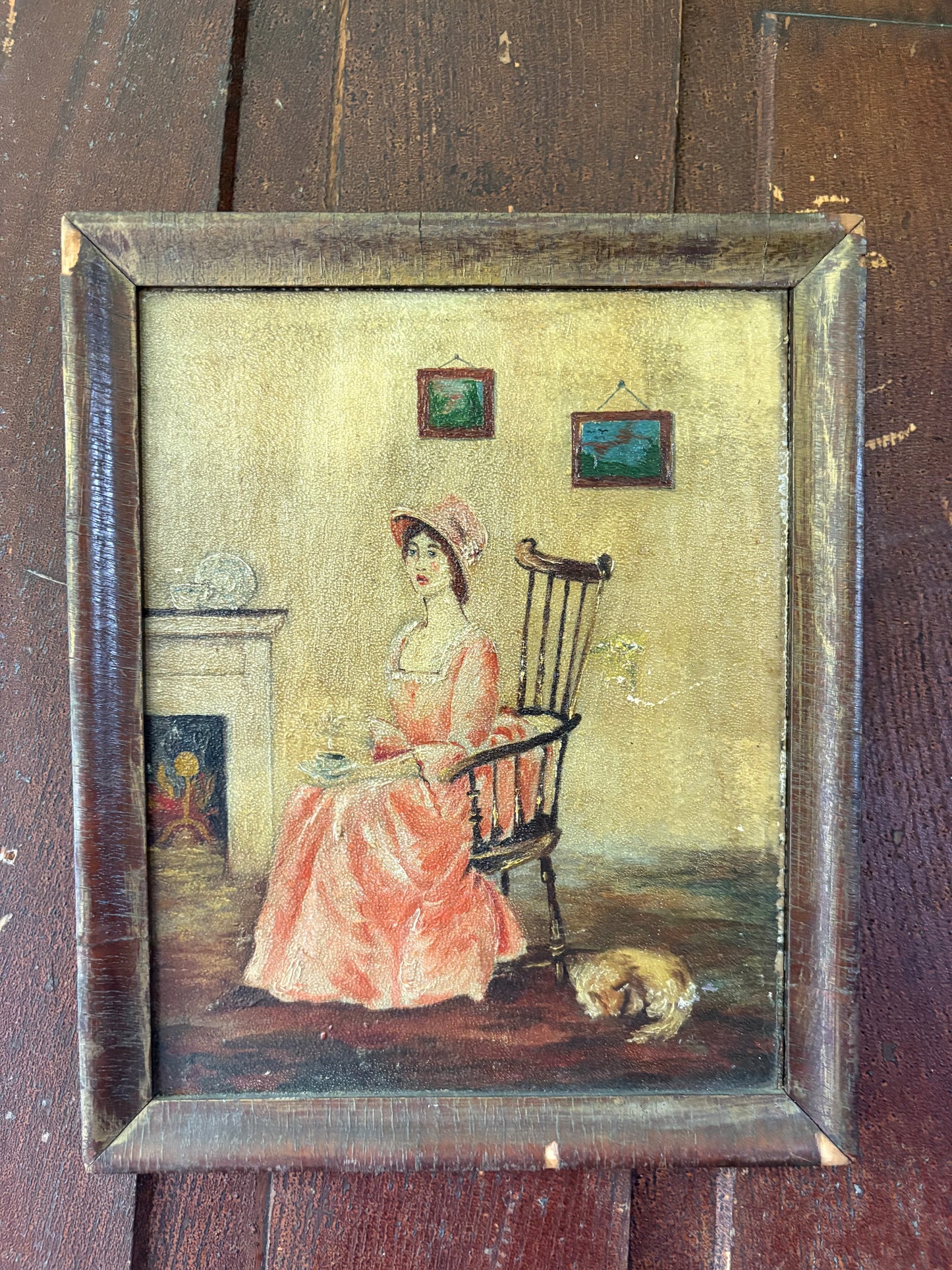 Antique painting of woman in pink dress