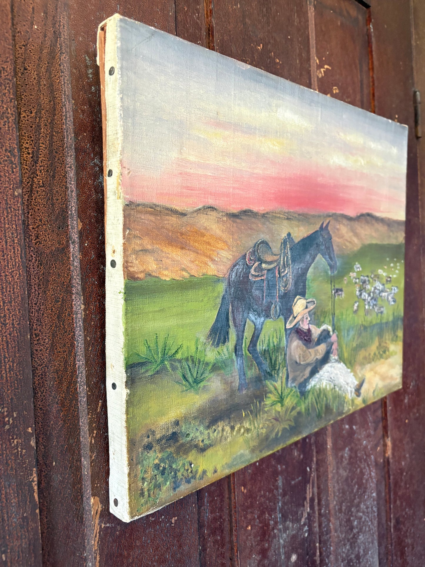 Antique western folk art oil on canvas cowboy painting with horse
