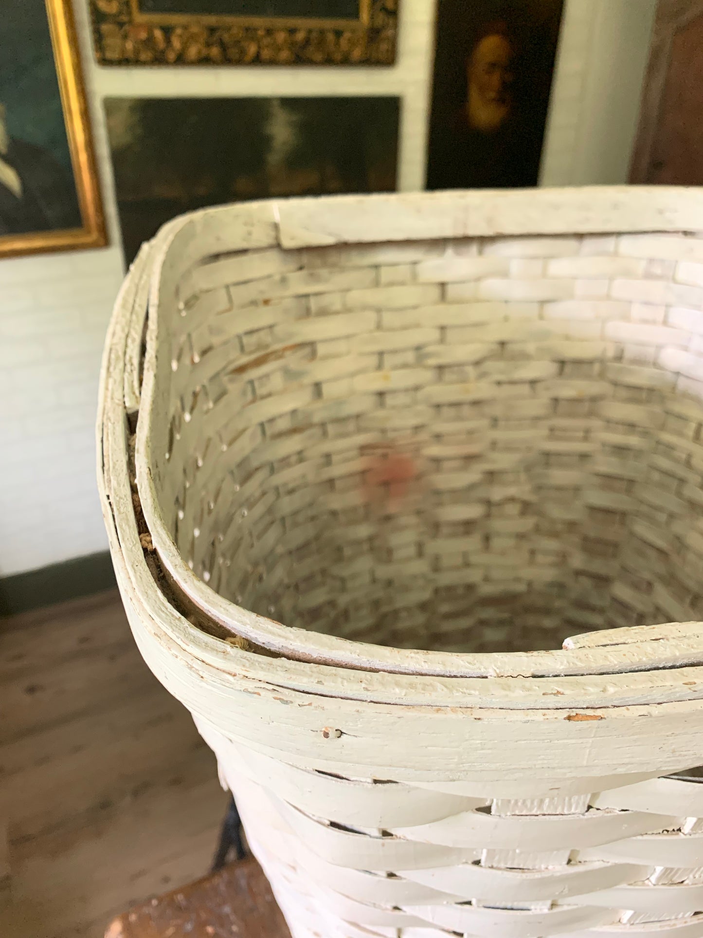 Antique white painted splint wood hamper/basket