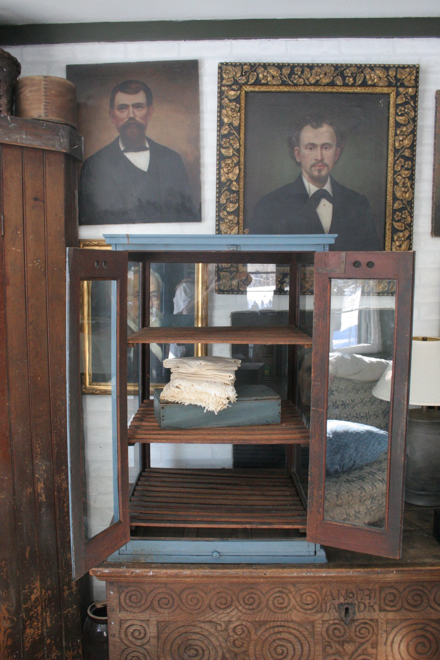 Antique blue paint pie cabinet for general store display | primitive