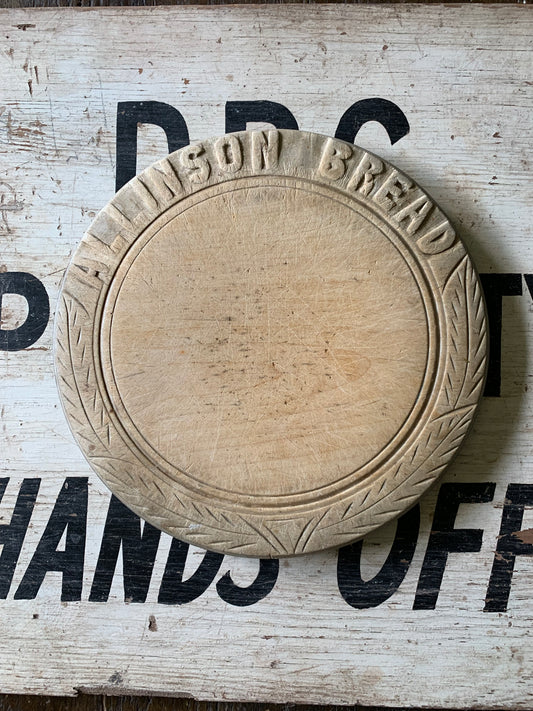 Antique bread cutting board carved “Allinson bread”