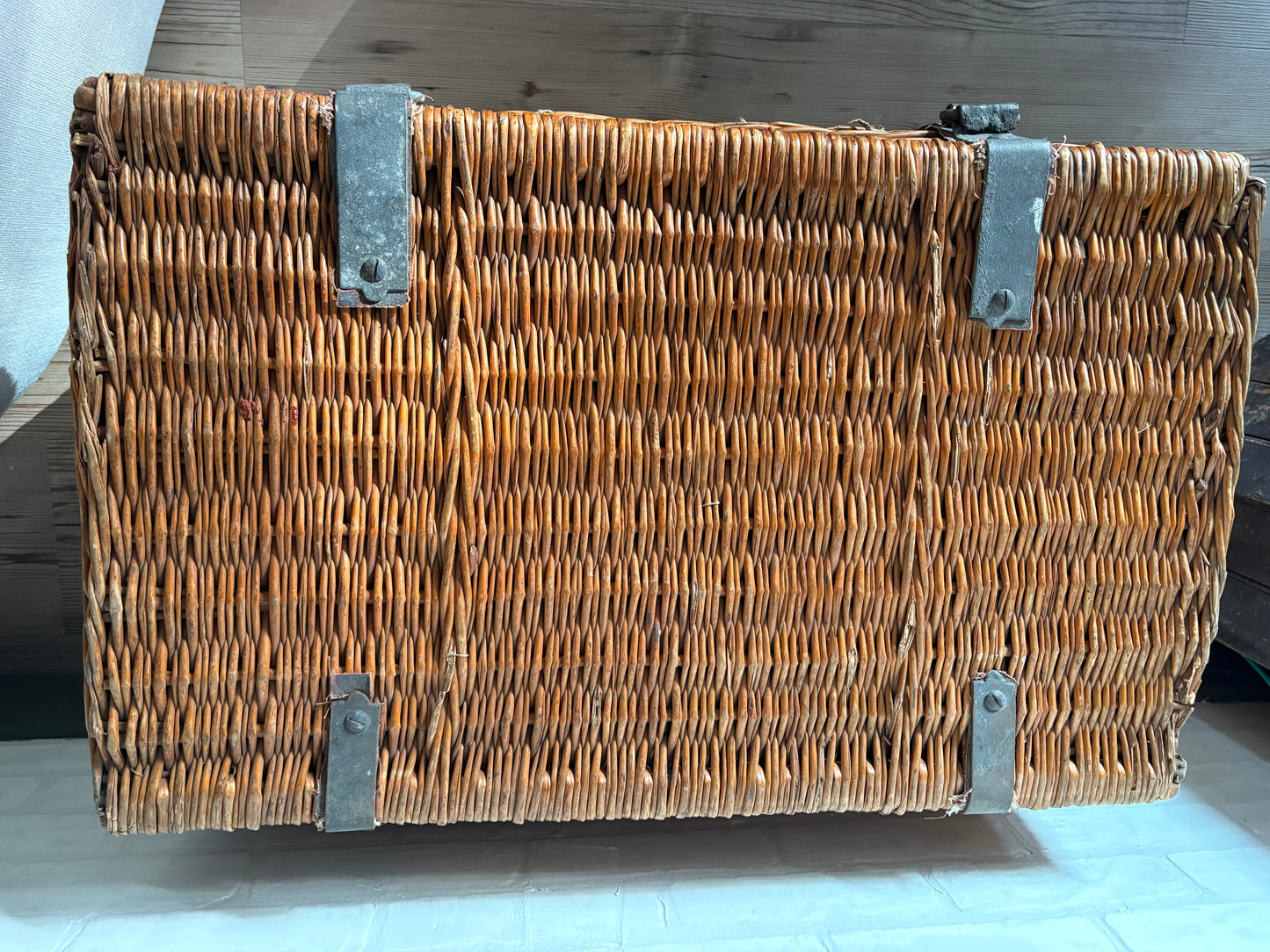 Antique French railway wicker trunk with initials JB | metal latches