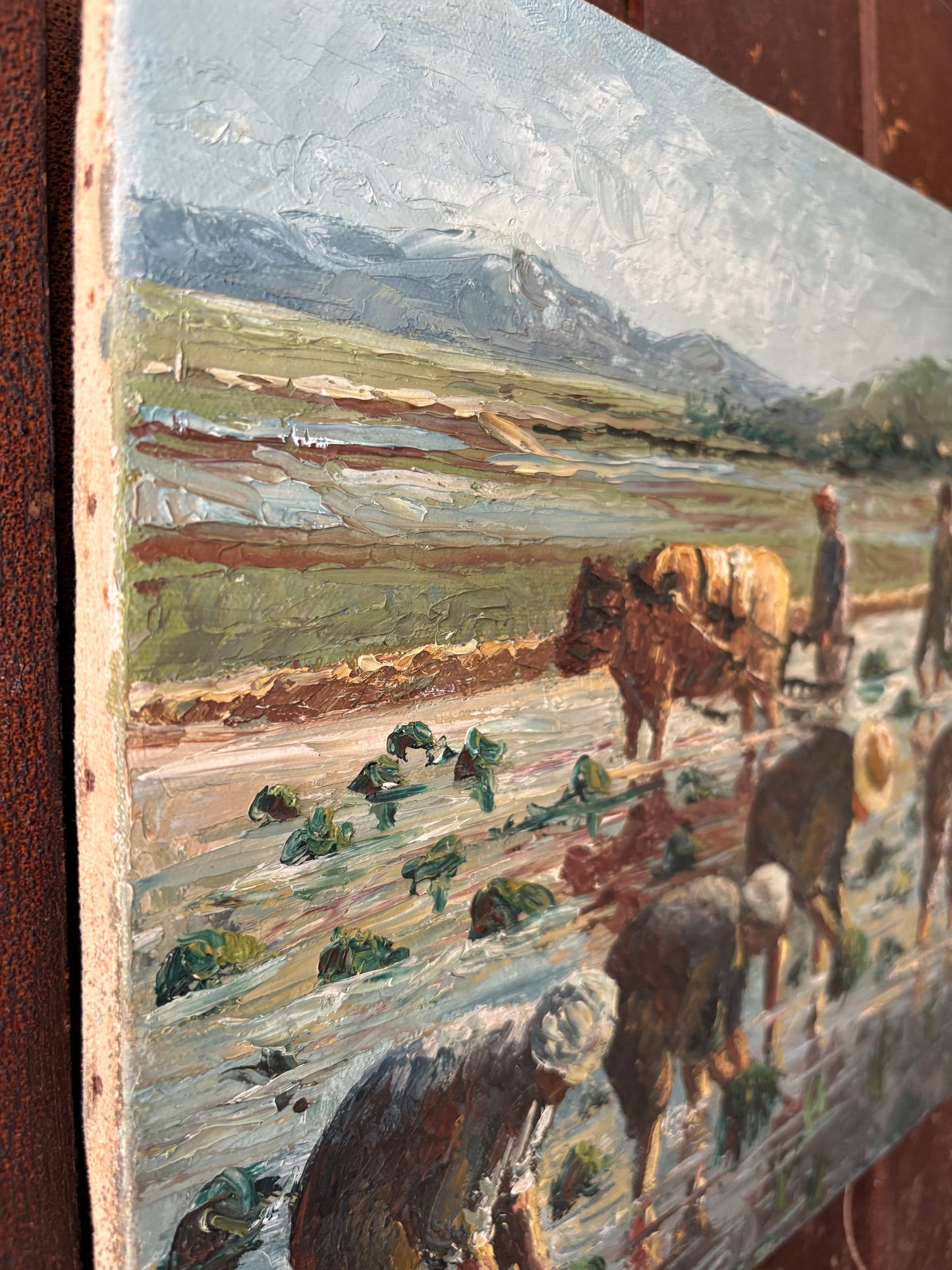 Antique oil painting on canvas | workers in field with cattle