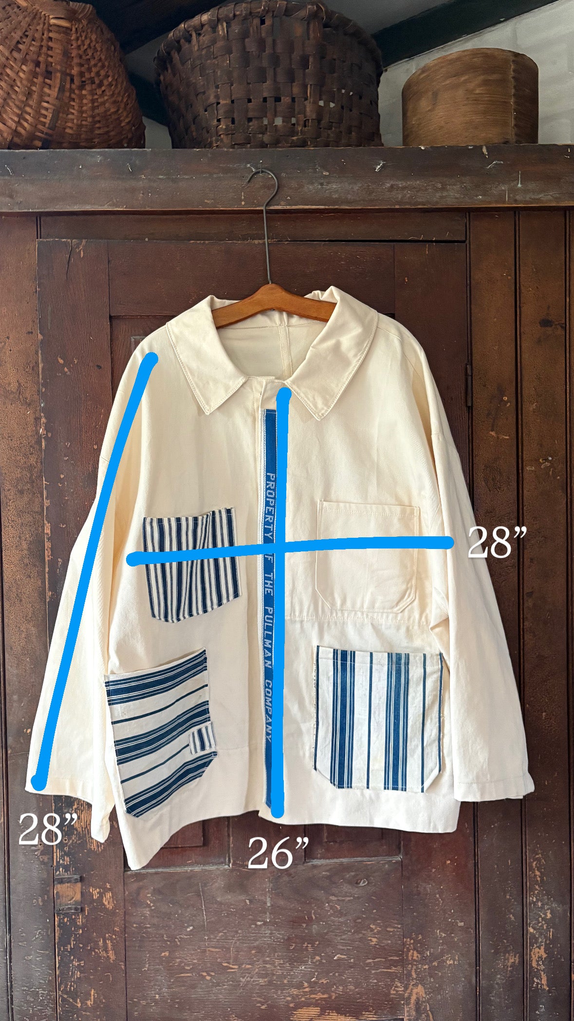 Vintage French chore coat reworked with French ticking stripe fabric