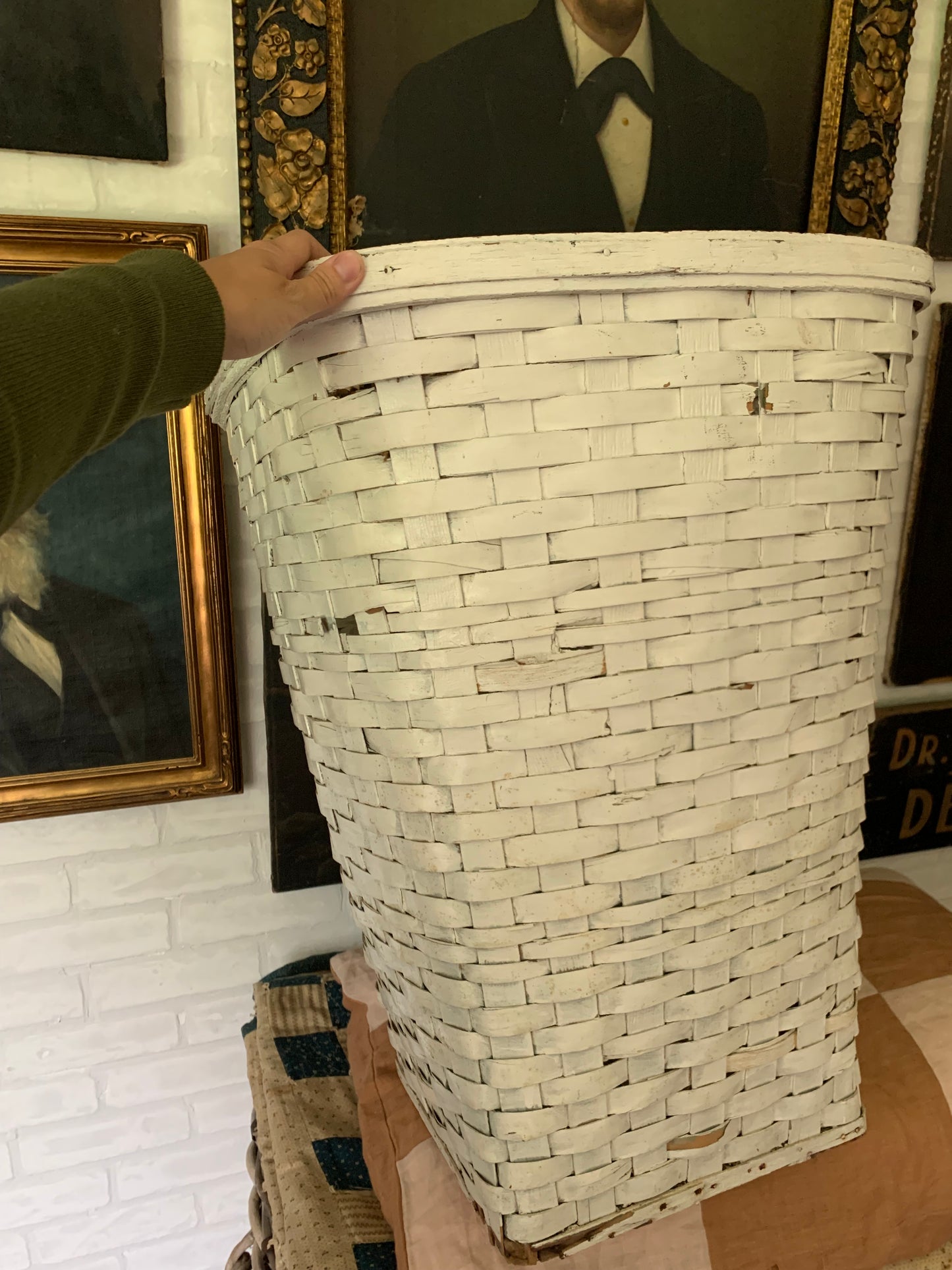 Antique white painted splint wood hamper/basket