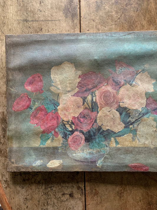 Antique floral still life on canvas of roses