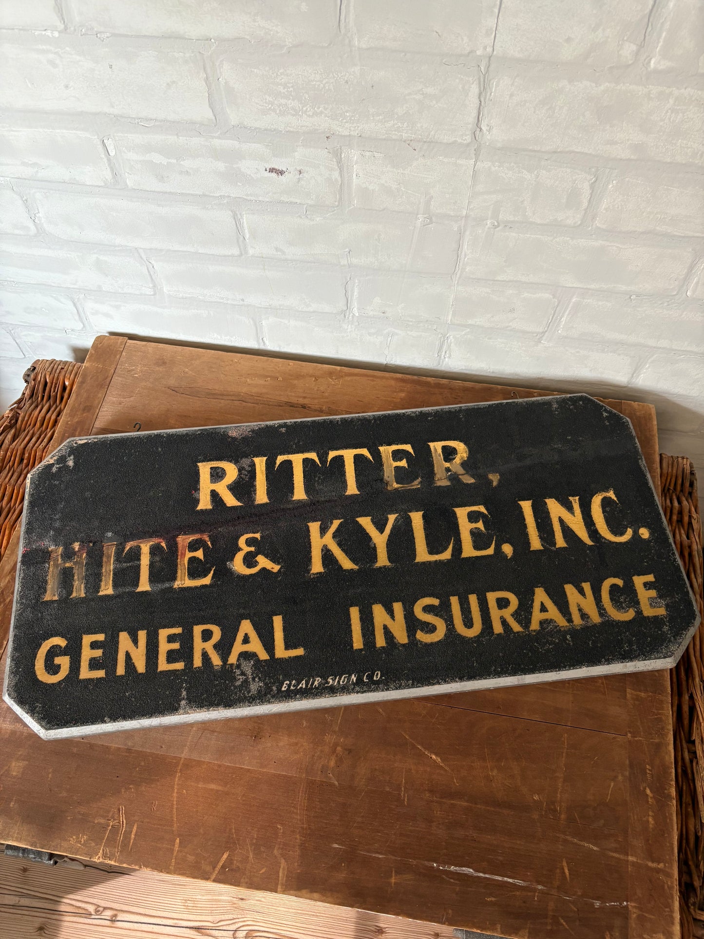 Vintage Blair Sign Co Double Side Hanger Insurance Sign Ritter Hite Kyle | gilded lettering