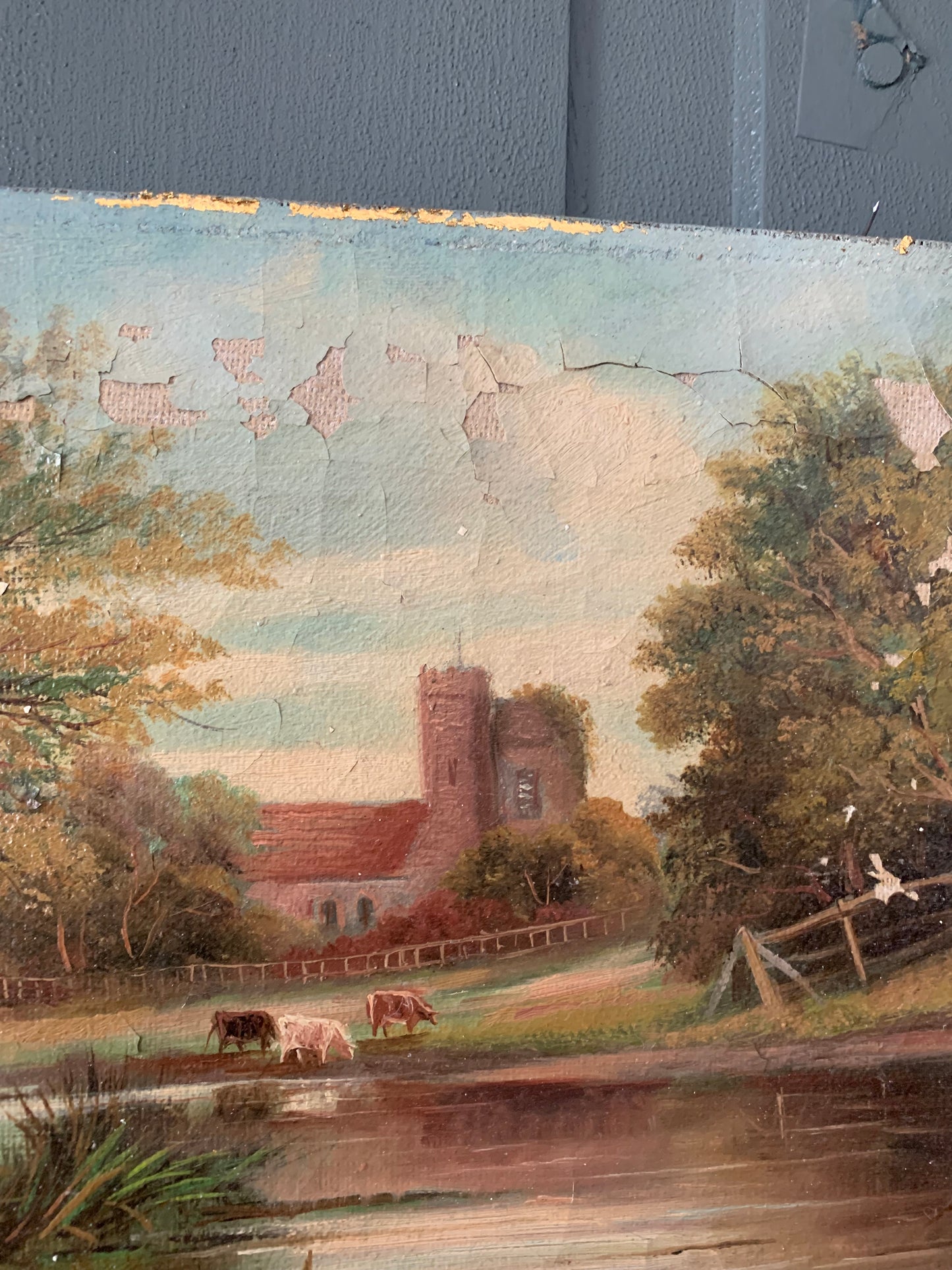 Antique oil on canvas | cow landscape