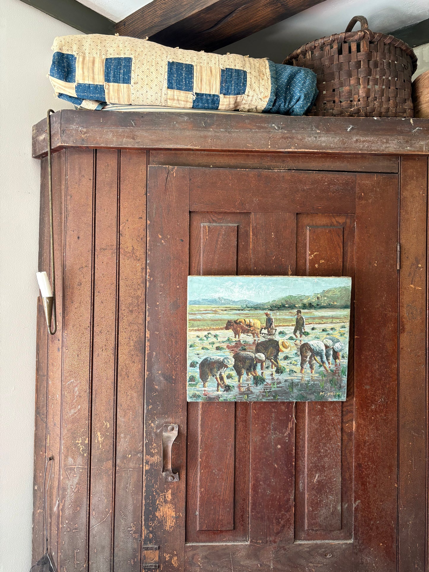 Antique oil painting on canvas | workers in field with cattle