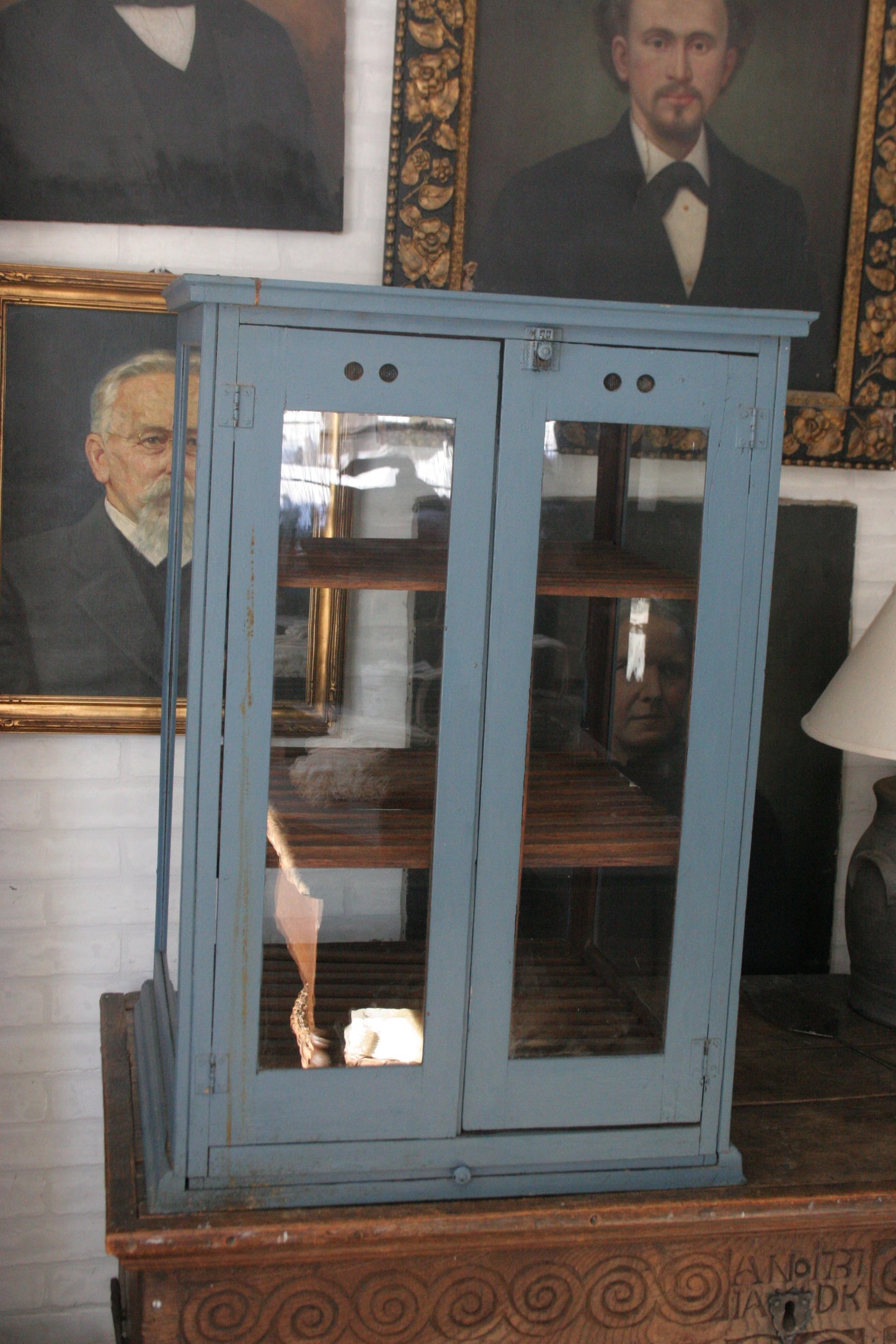 Antique blue paint pie cabinet for general store display | primitive