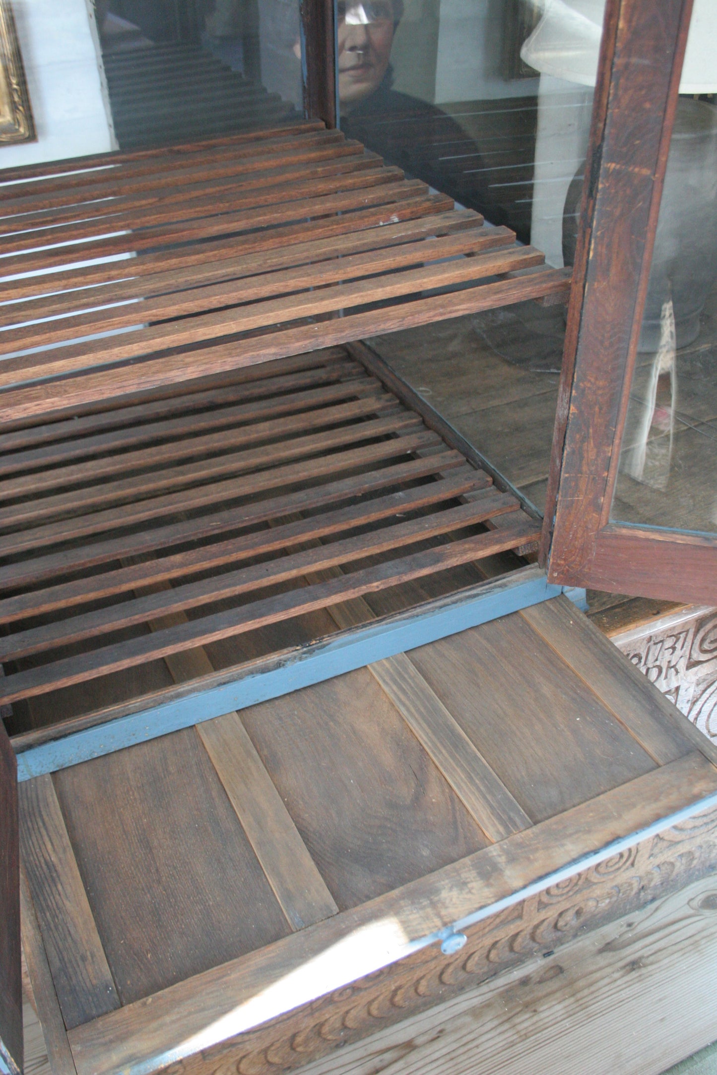 Antique blue paint pie cabinet for general store display | primitive