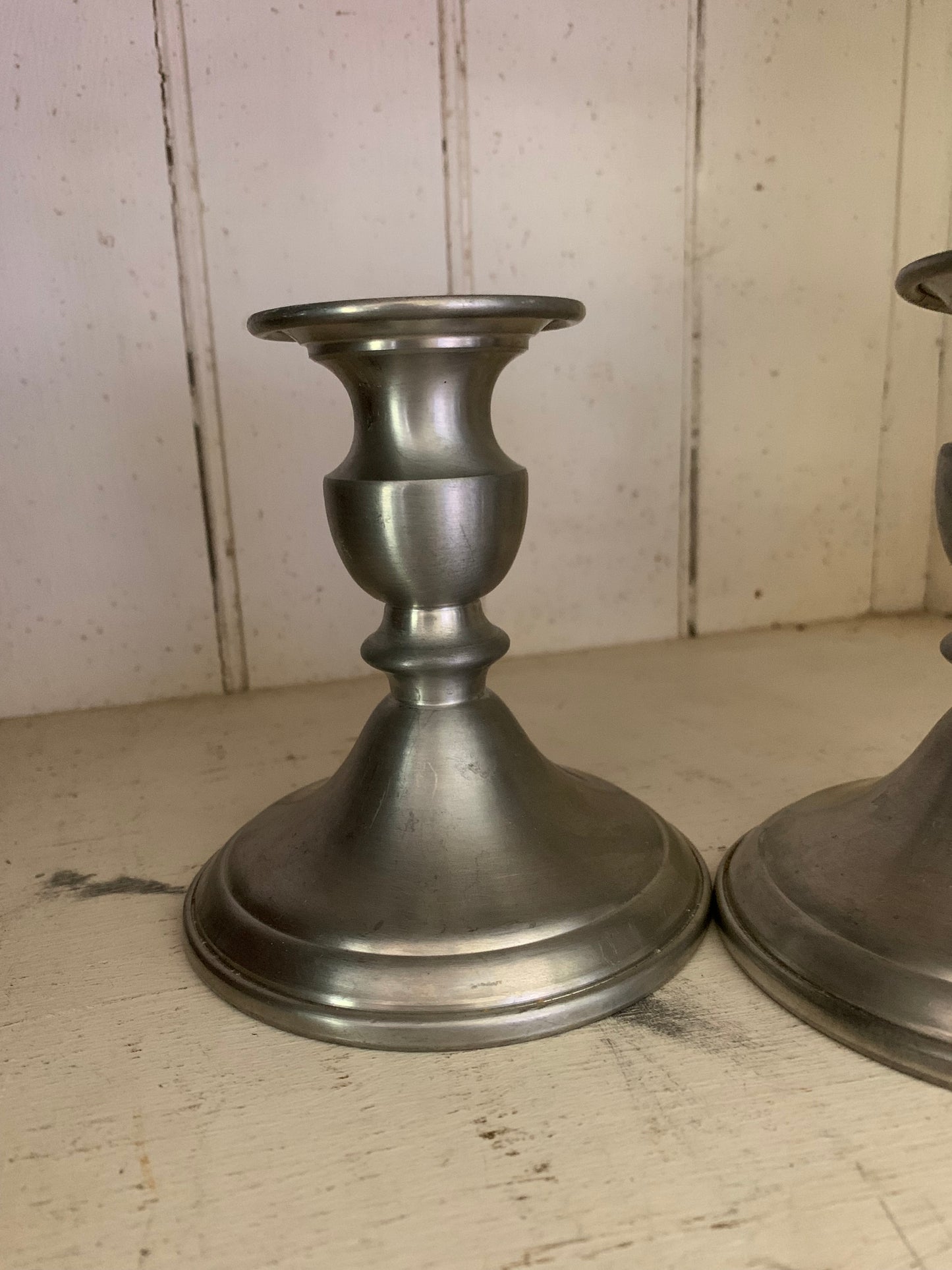 Antique pewter candlestick holder set