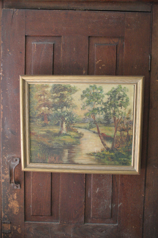 Vintage landscape painting on board