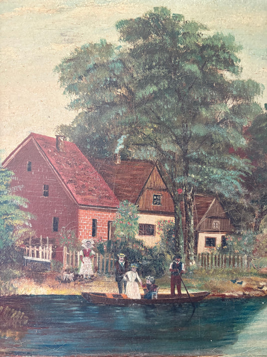 Antique oil painting on canvas | landscape cottage