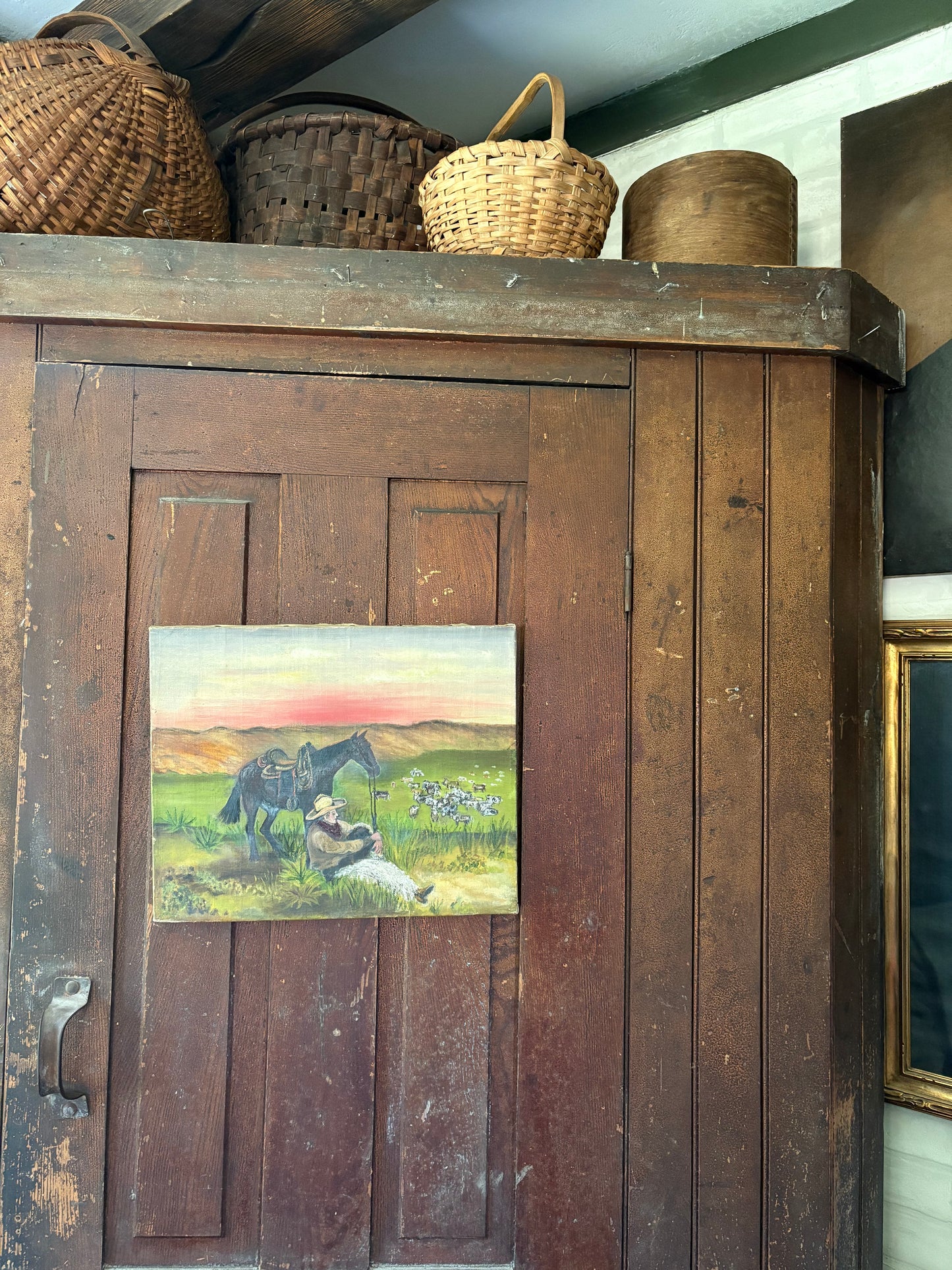 Antique western folk art oil on canvas cowboy painting with horse