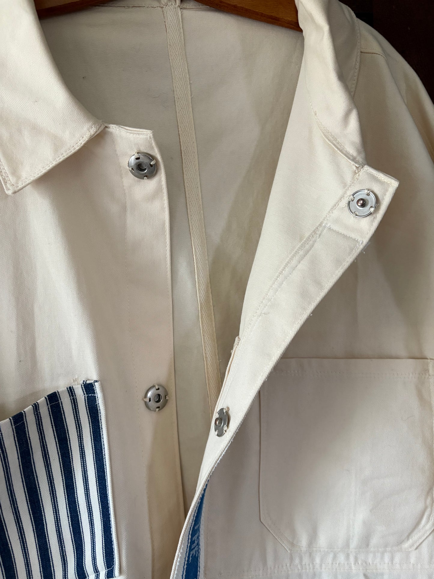 Vintage French chore coat reworked with French ticking stripe fabric