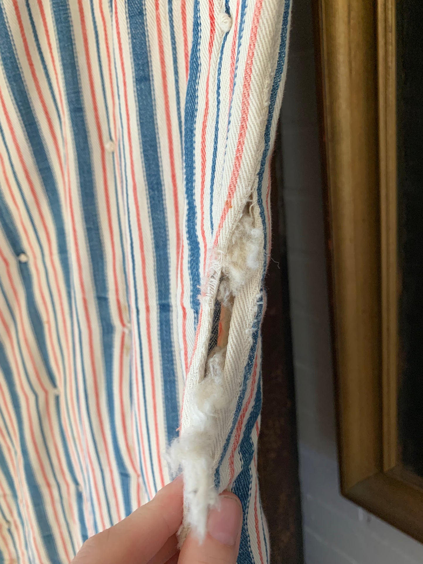 Rare Antique red & blue ticking mattress | wool filled