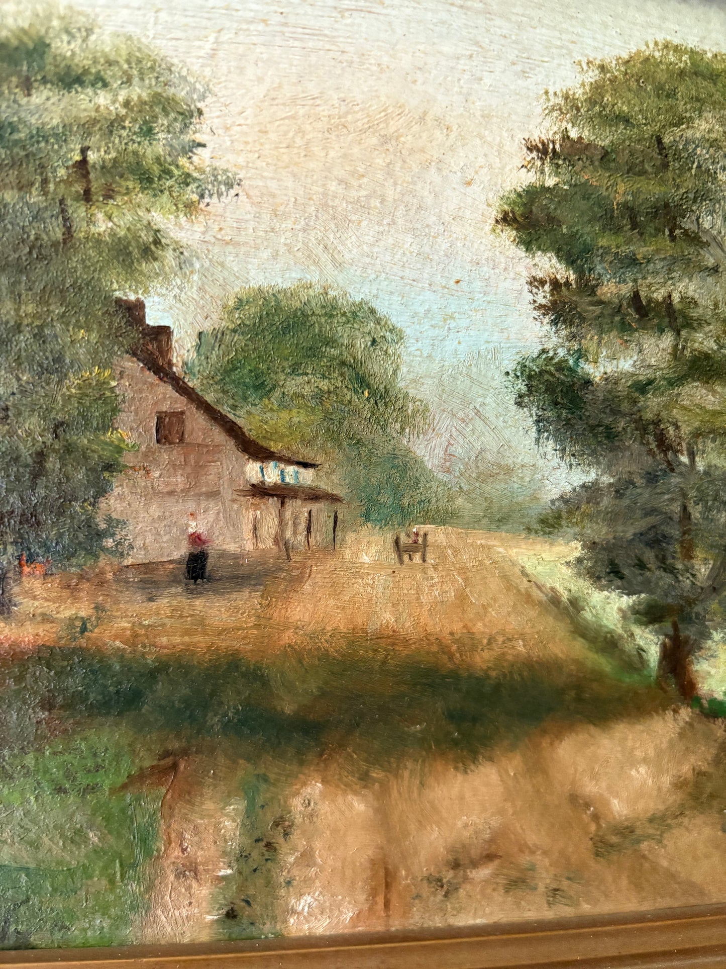 Antique rural oil painting on board framed