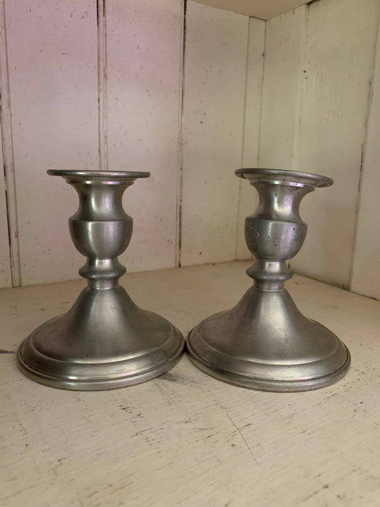 Antique pewter candlestick holder set