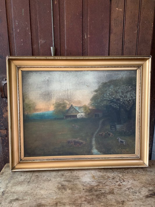 Antique large landscape oil painting on canvas| dog & sheep in pasture