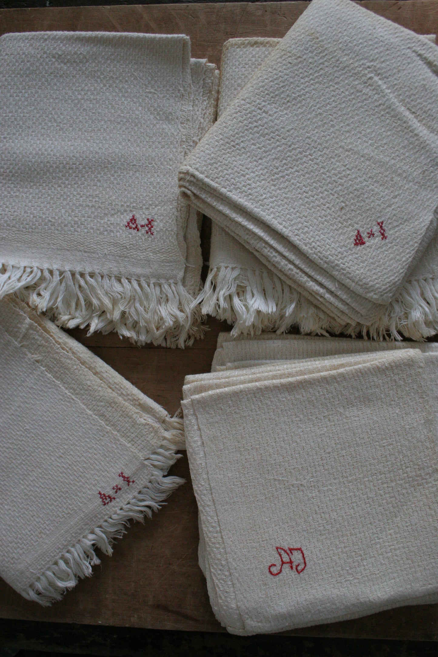 Antique French red monogram tea towels