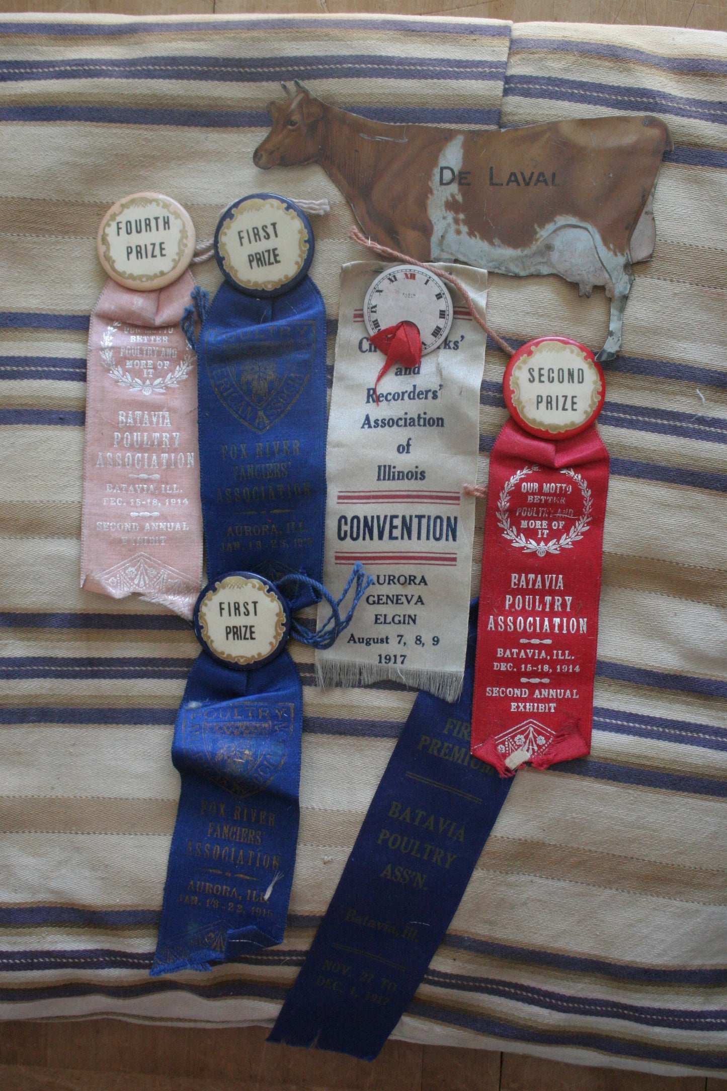 Antique fair poultry ribbons & metal cow