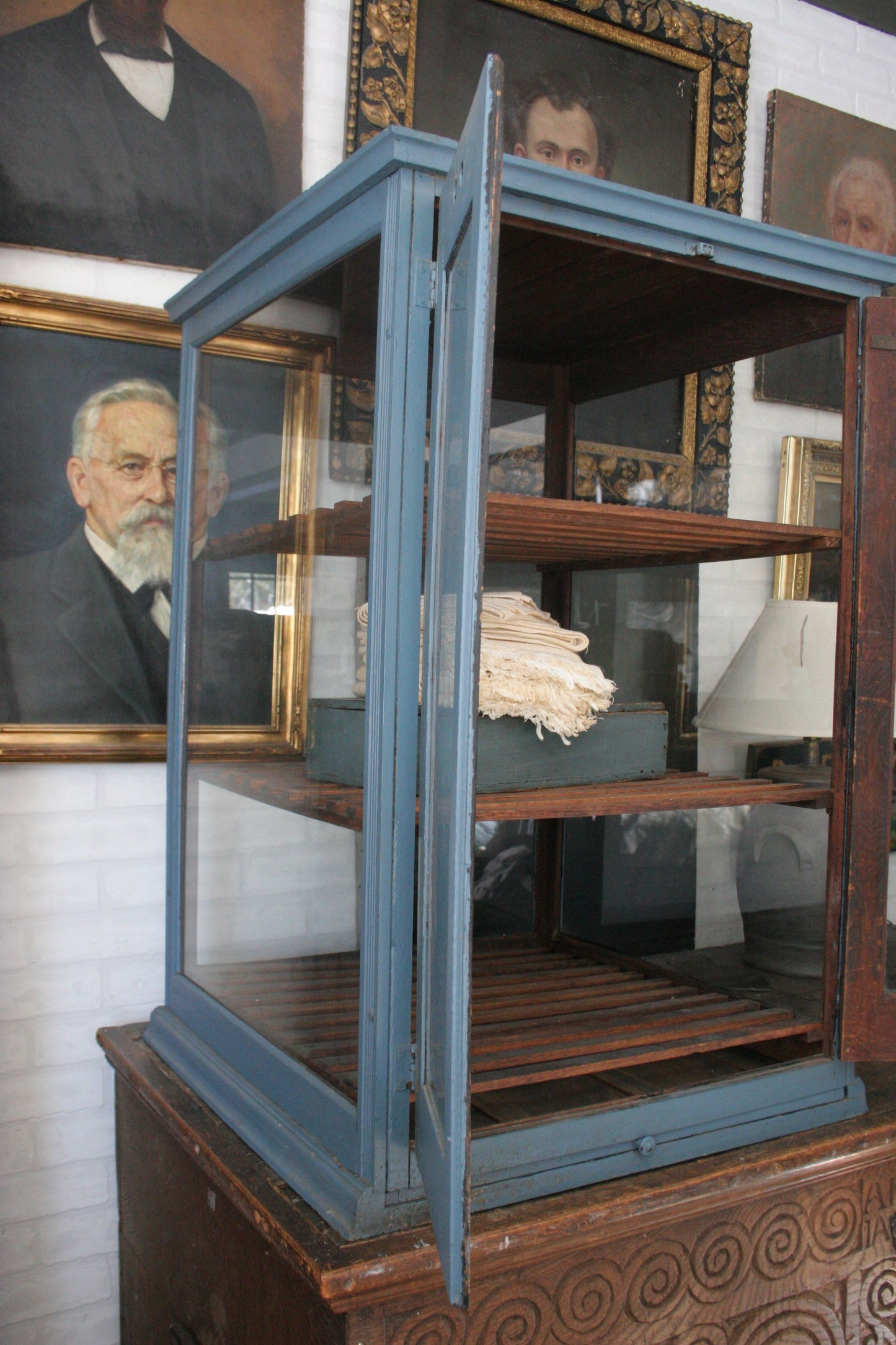 Antique blue paint pie cabinet for general store display | primitive