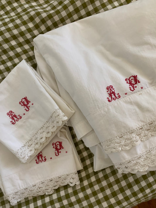 Antique French linen sheet & pillowcases | red A.P. Monogram Stitching