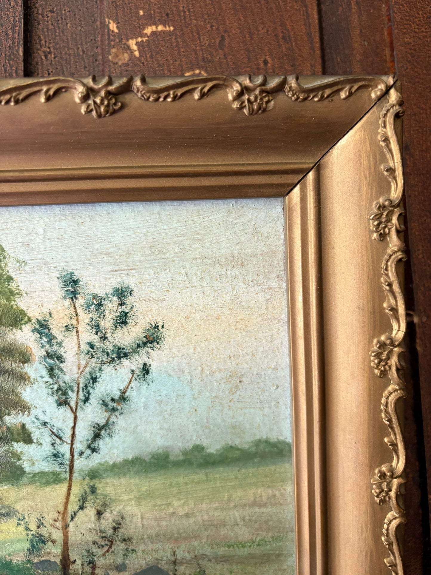 Antique rural oil painting on board framed