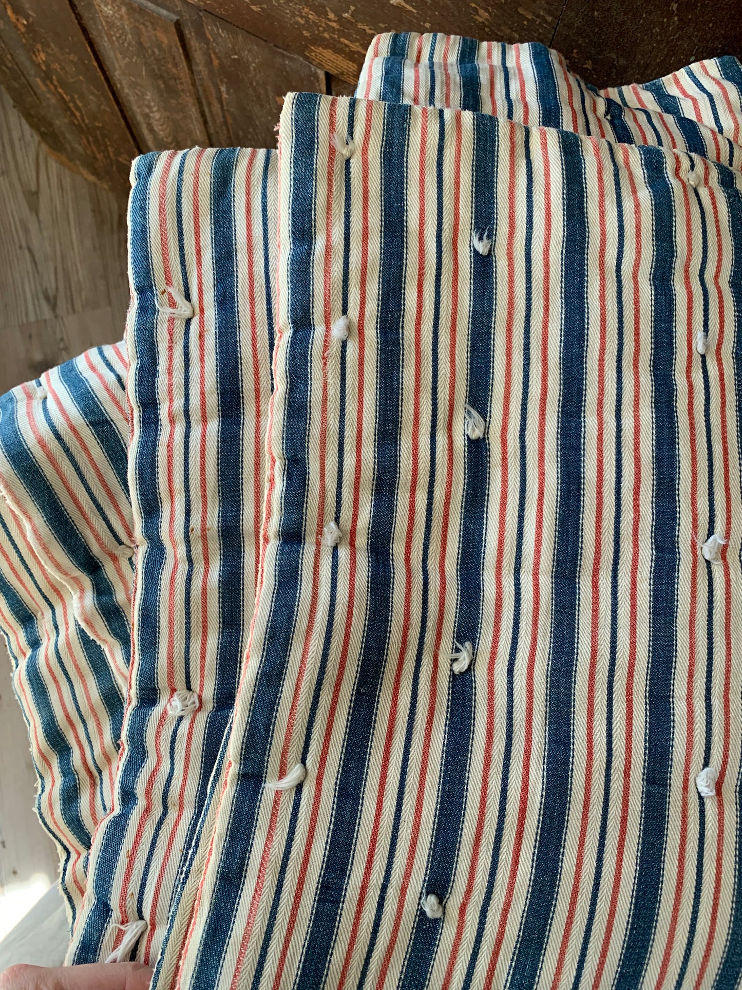 Rare Antique red & blue ticking mattress | wool filled