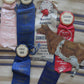 Antique fair poultry ribbons & metal cow