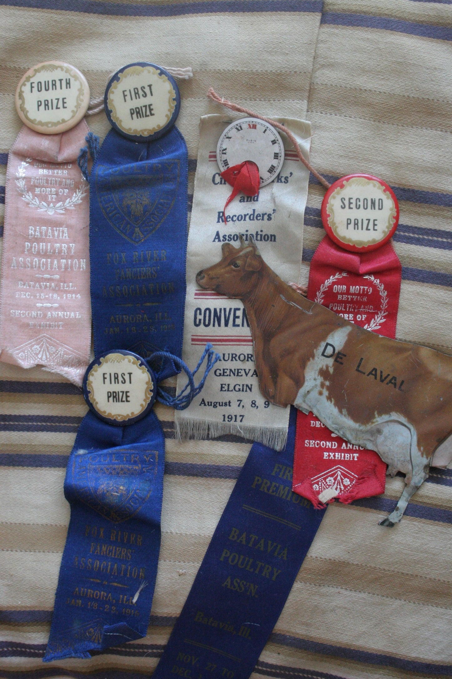 Antique fair poultry ribbons & metal cow