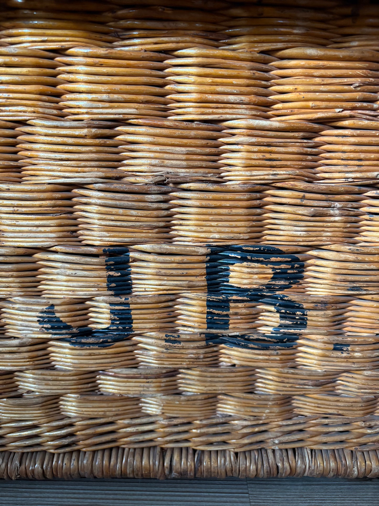 Antique French railway wicker trunk with initials JB | metal latches