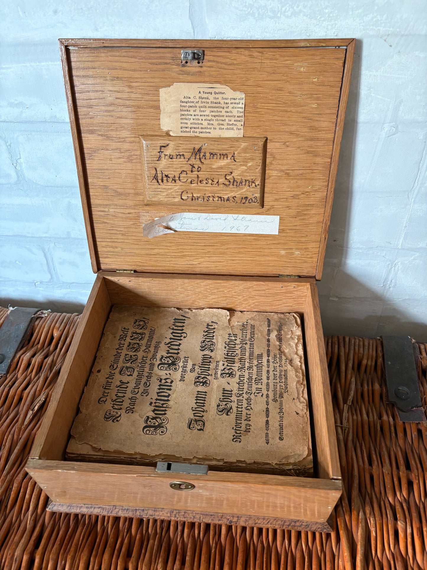 Antique wooden bible box with 1741 German bible