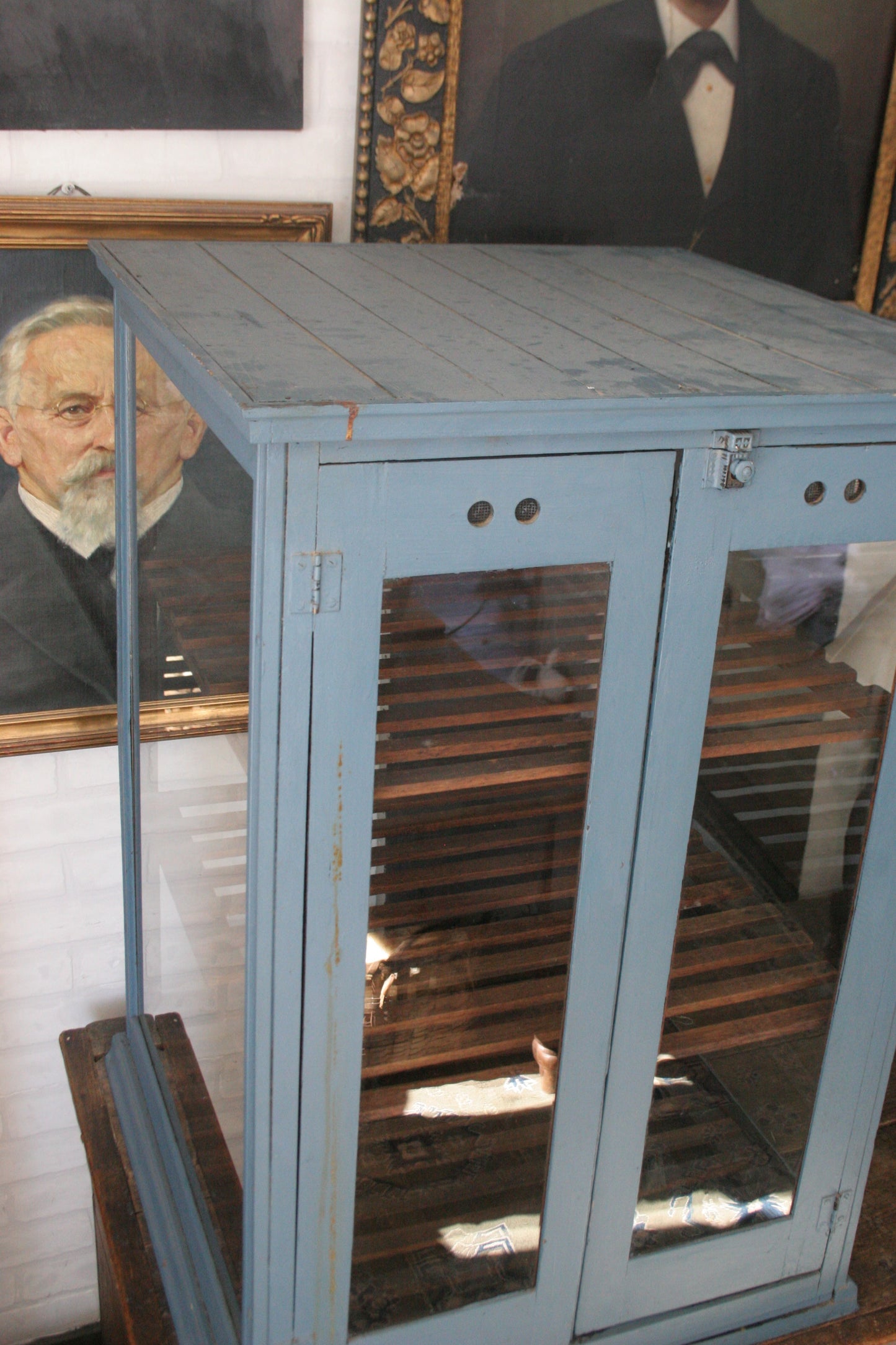 Antique blue paint pie cabinet for general store display | primitive