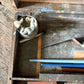 Antique wooden art box with supplies
