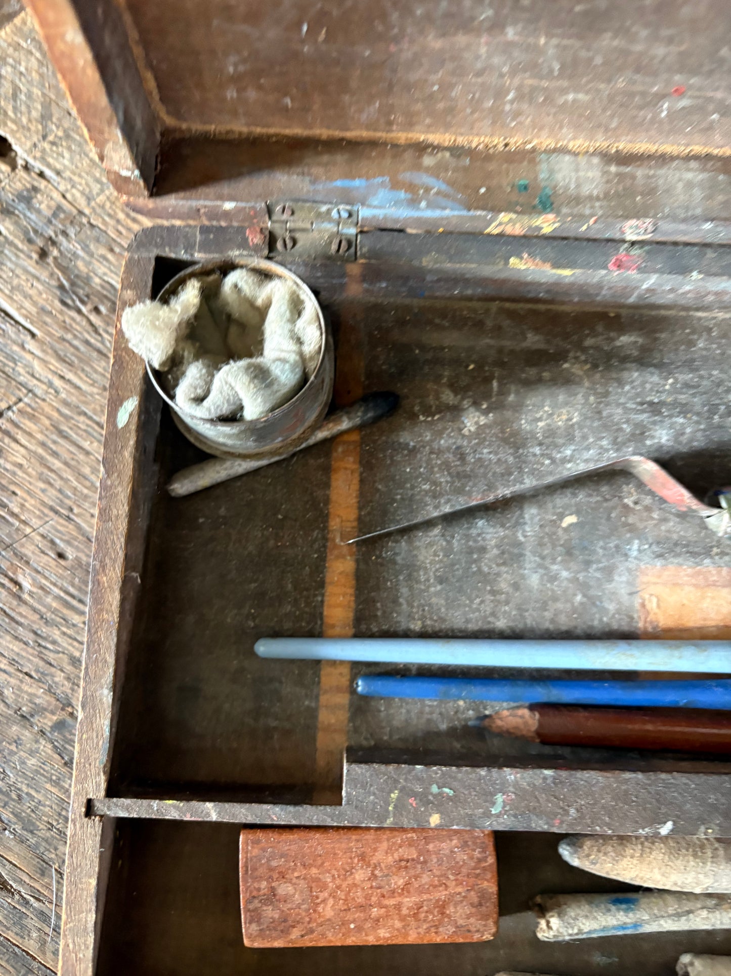 Antique wooden art box with supplies