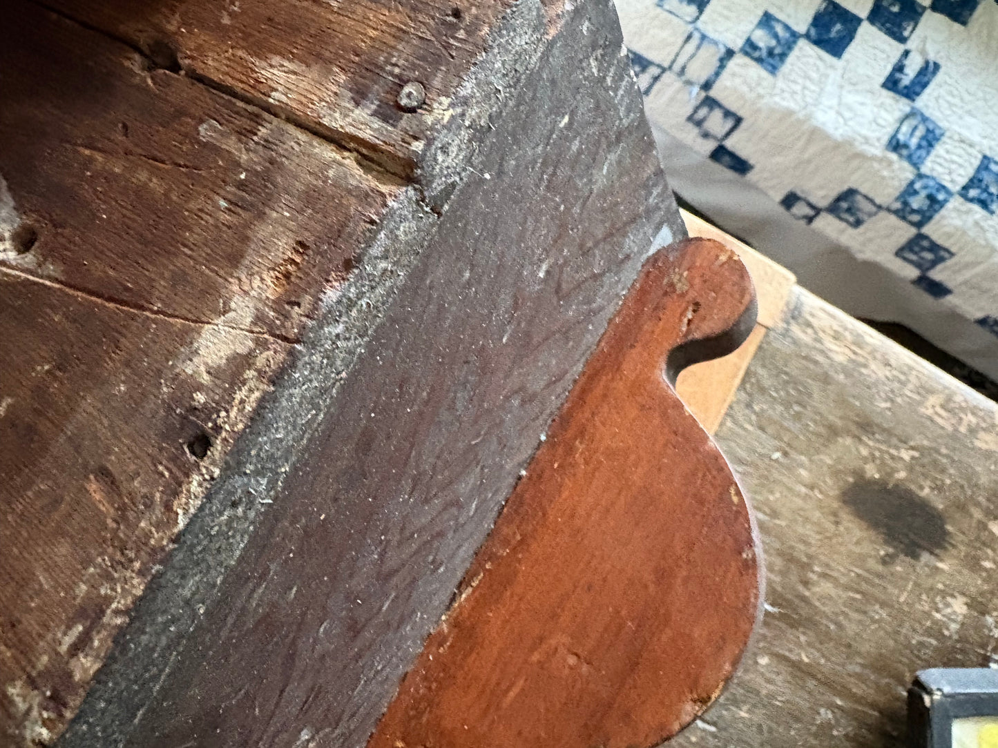 Antique early primitive wall cabinet with scallops