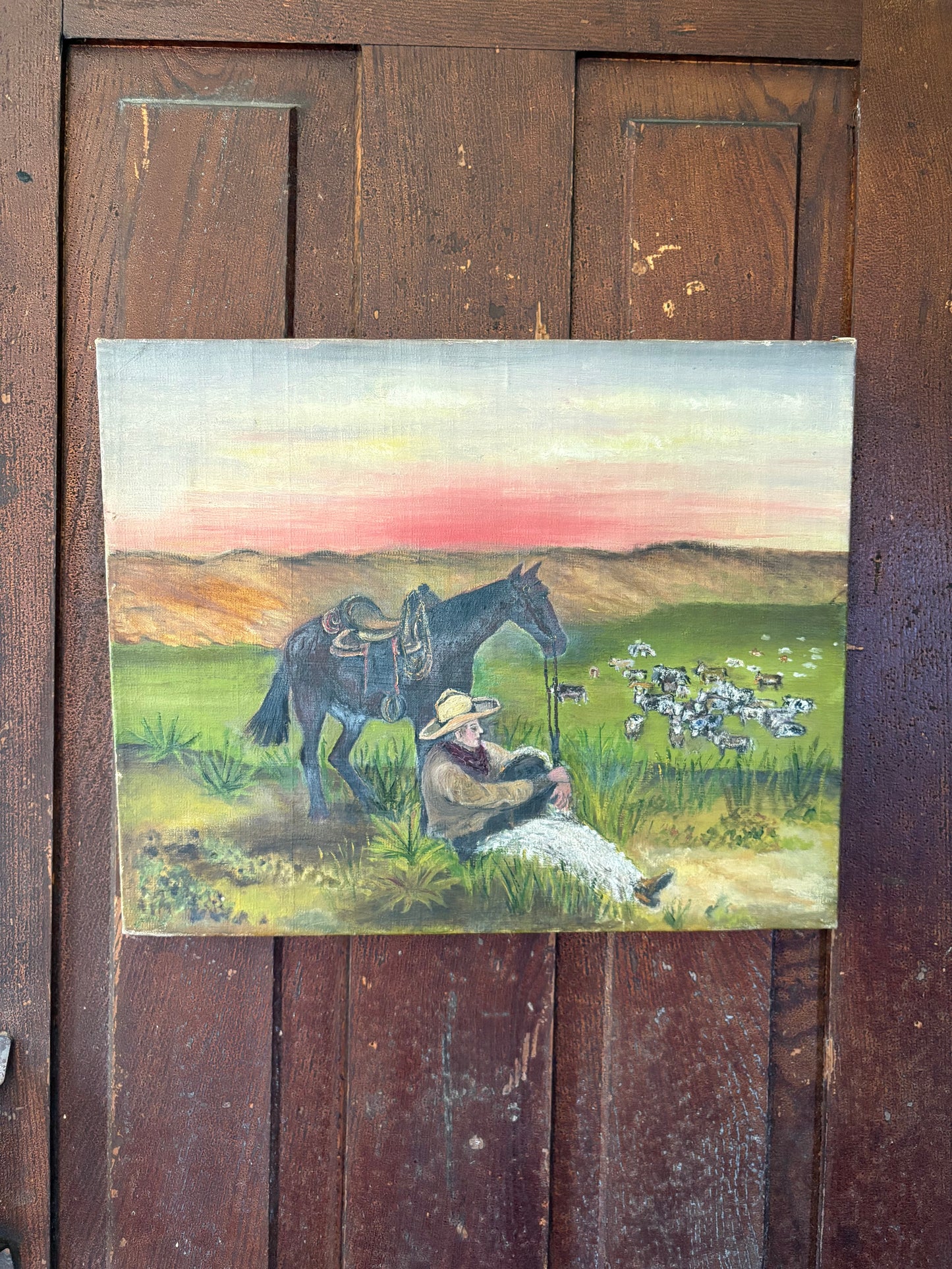 Antique western folk art oil on canvas cowboy painting with horse