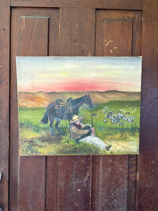 Antique western folk art oil on canvas cowboy painting with horse